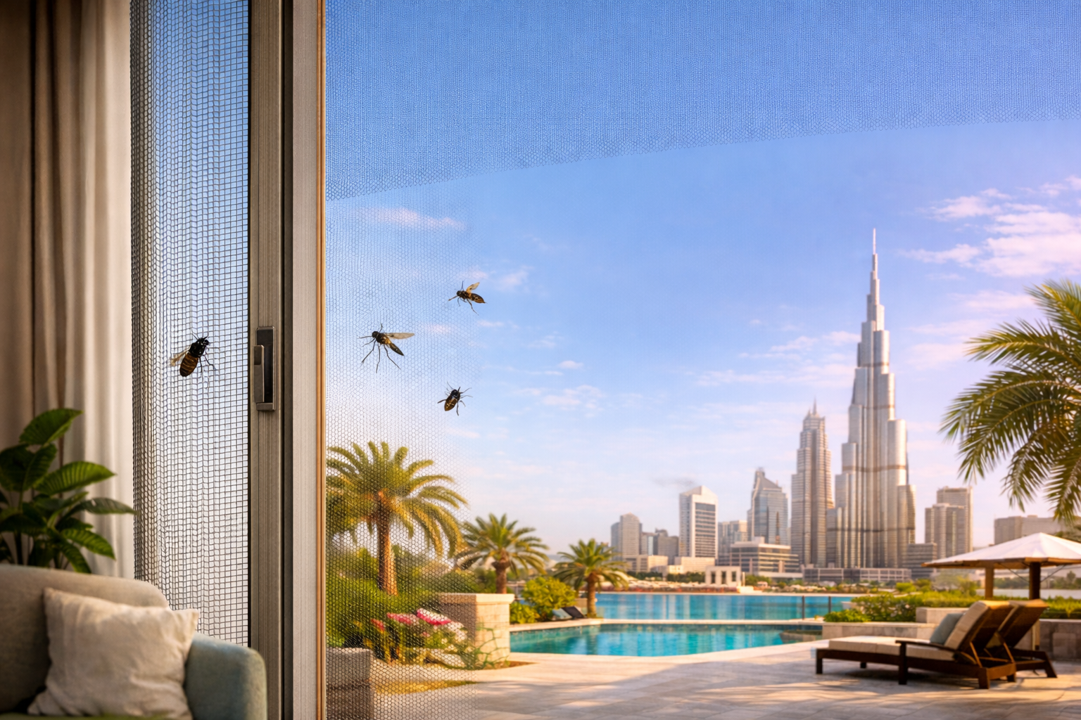 Insect screen on sliding door in the UAE blocking flies and mosquitoes while allowing airflow