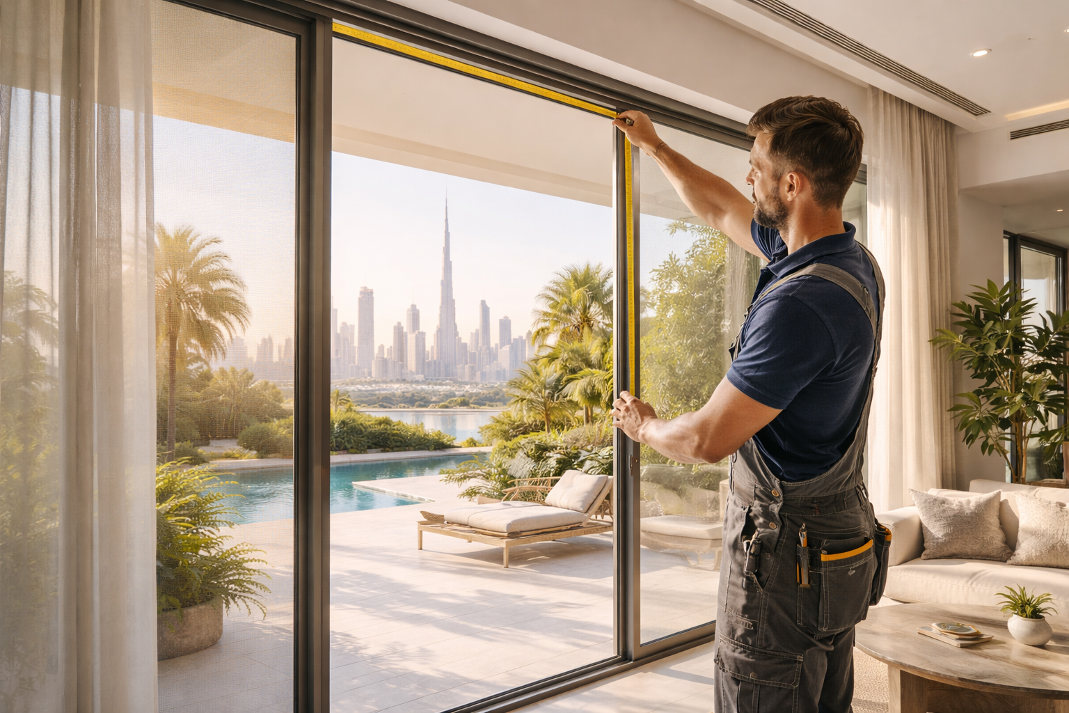 Technician measuring sliding door for insect screen installation in a UAE villa