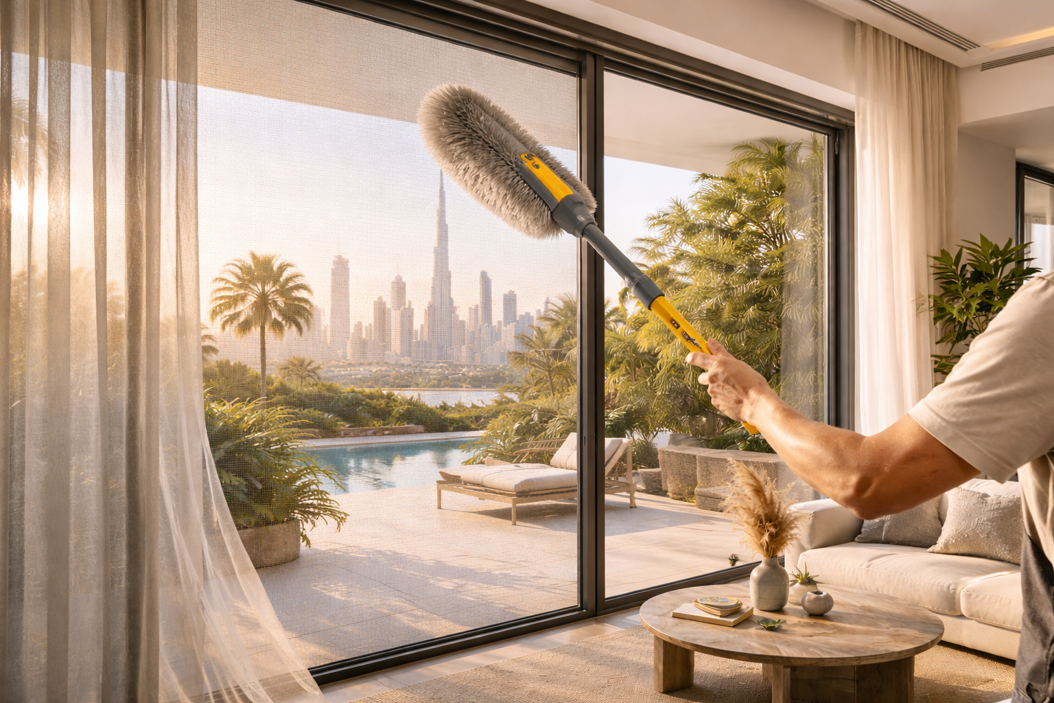 Cleaning insect screen on sliding door in a modern UAE villa